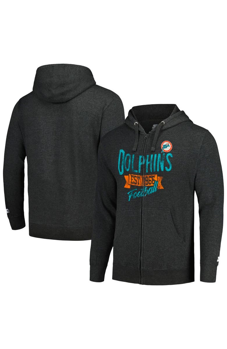 STARTER Men's Starter Heather Charcoal Miami Dolphins Primary Logo Full-Zip Hoodie Jacket, Main, color, 