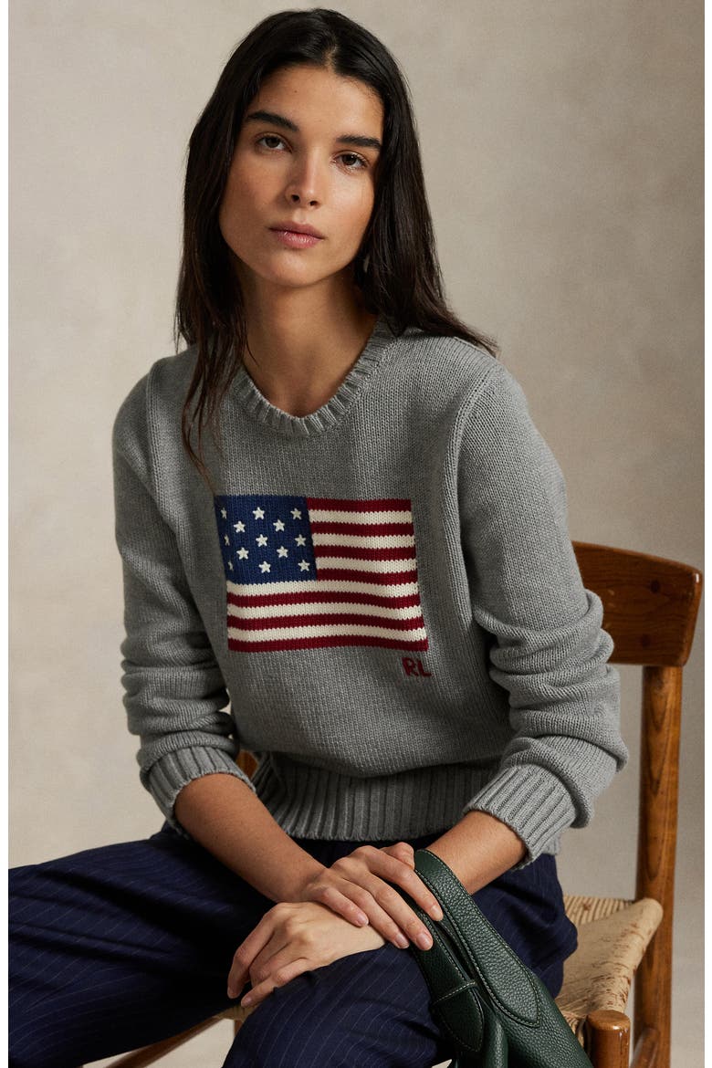Flag Intarsia Cotton Crewneck Sweater, Alternate, color, DRIFT GREY MELANGE