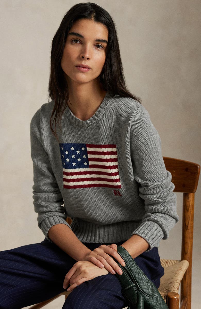 Polo Ralph Lauren Flag Intarsia Cotton Crewneck Sweater, Alternate, color, Drift Grey Melange