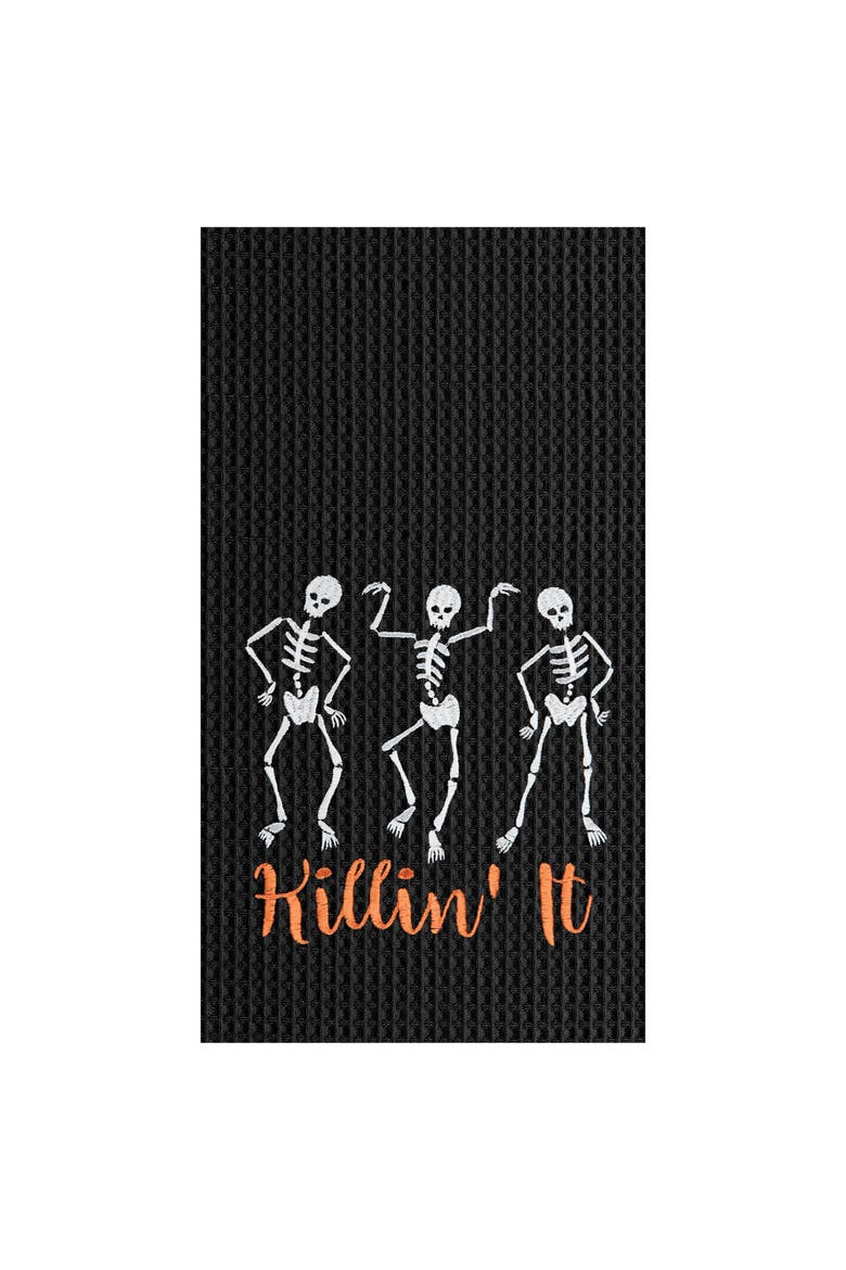 Killin' It Skeleton Halloween Embroidered Waffle Weave Cotton Kitchen Towel, Main, color, Black