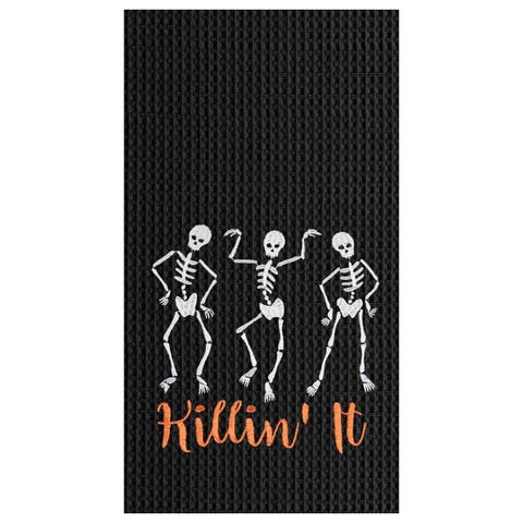 Killin' It Skeleton Halloween Embroidered Waffle Weave Cotton Kitchen Towel