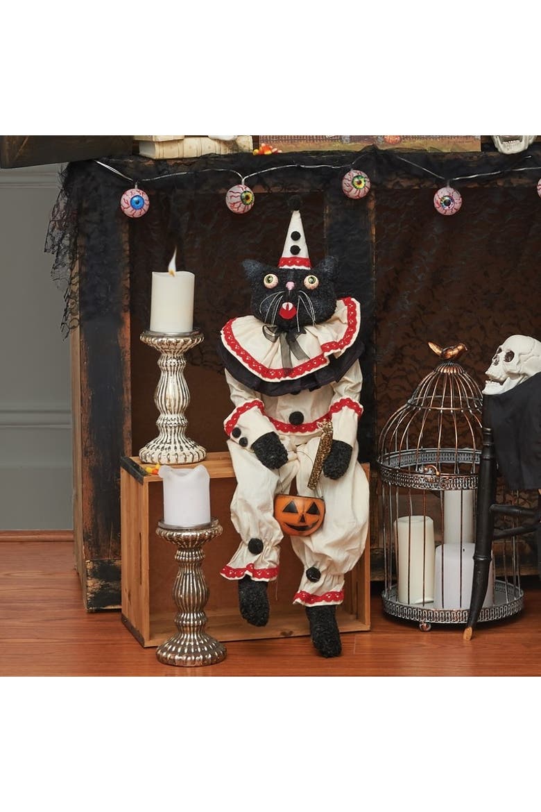 Sebastian Black Cat Clown Halloween Joe Spencer Gathered Traditions Figurine, Alternate, color, White