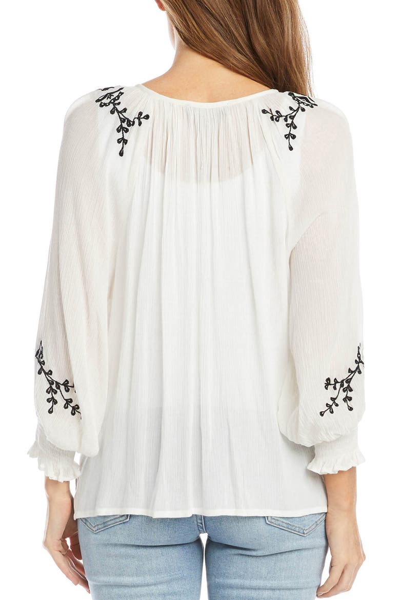Embroidered Tie Neck Button-Up Peasant Top, Alternate, color, WHITE