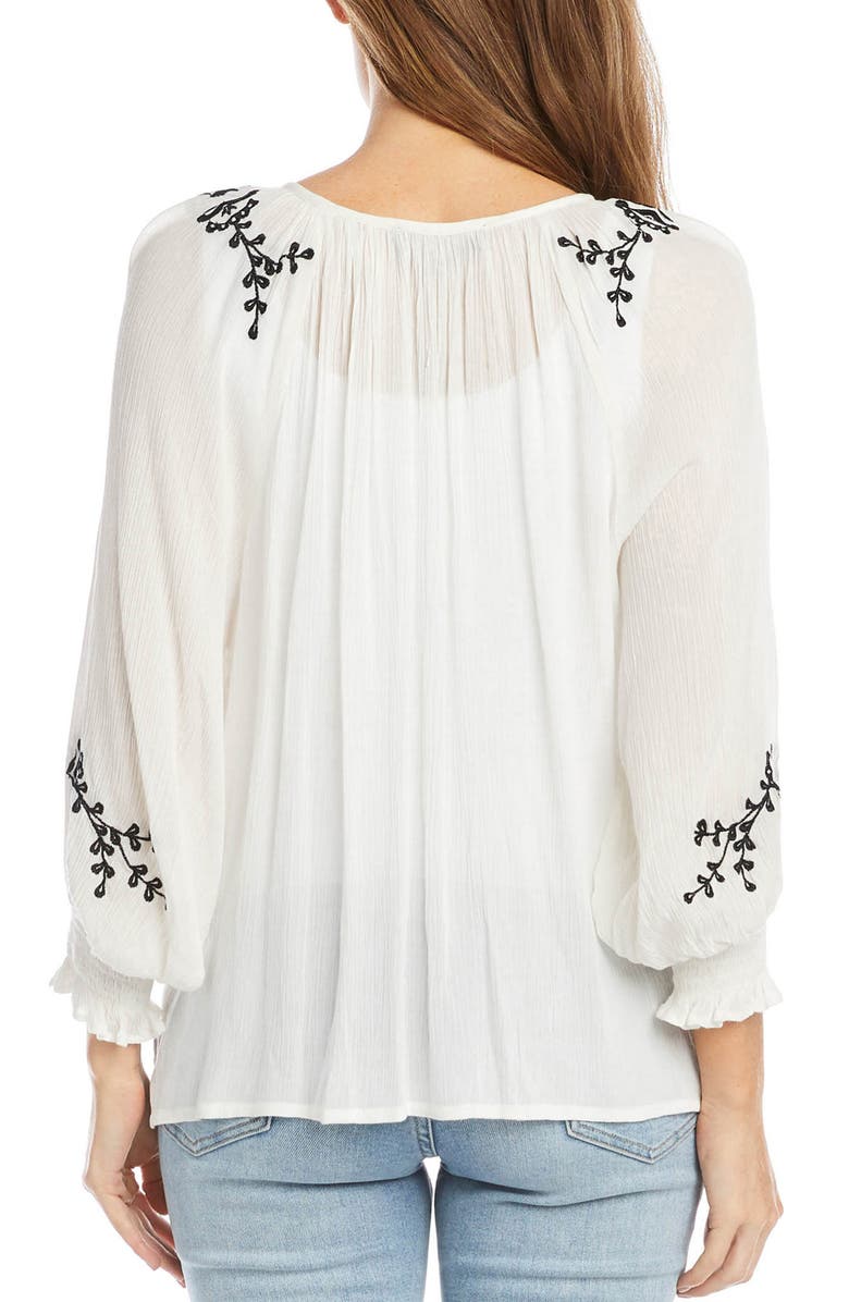 Karen Kane Embroidered Tie Neck Button-Up Peasant Top, Alternate, color, White