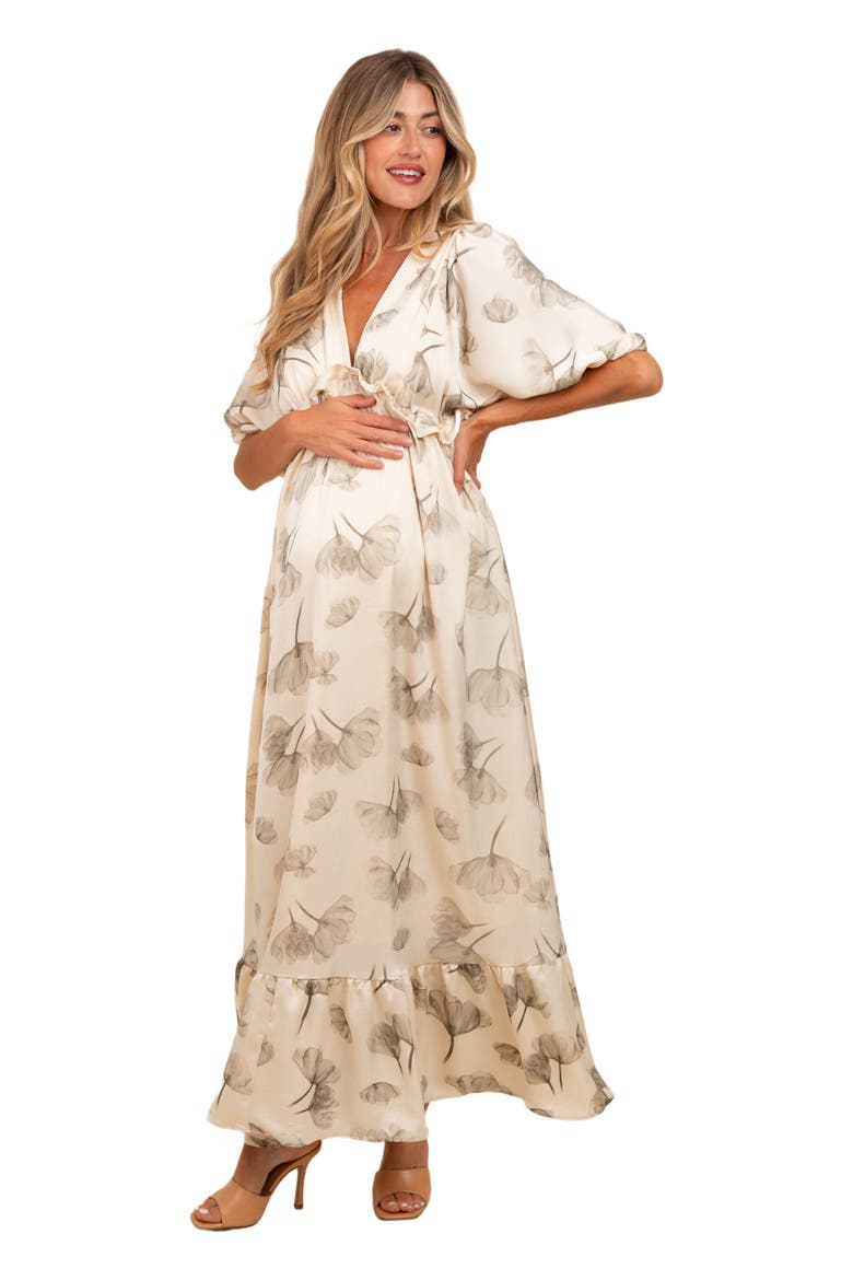 Floral Chiffon Ruffle Accent Maxi Dress, Main, color, Cream
