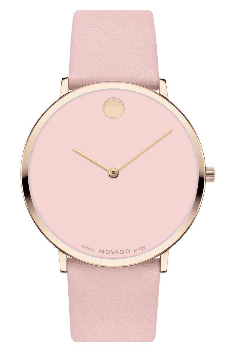 Modern 47 Faux Leather Strap Watch, 40mm x 6.3mm, Main, color, PINK DIAL