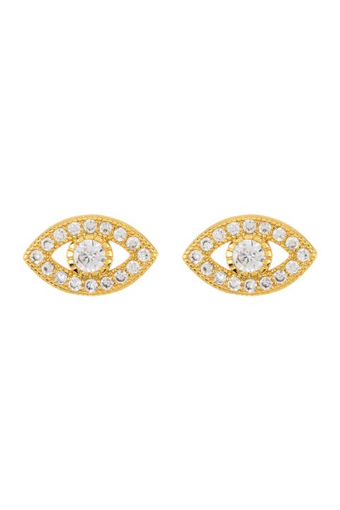 14K Yellow Gold Plated Swarovski Crystal Evil Eye Stud Earrings