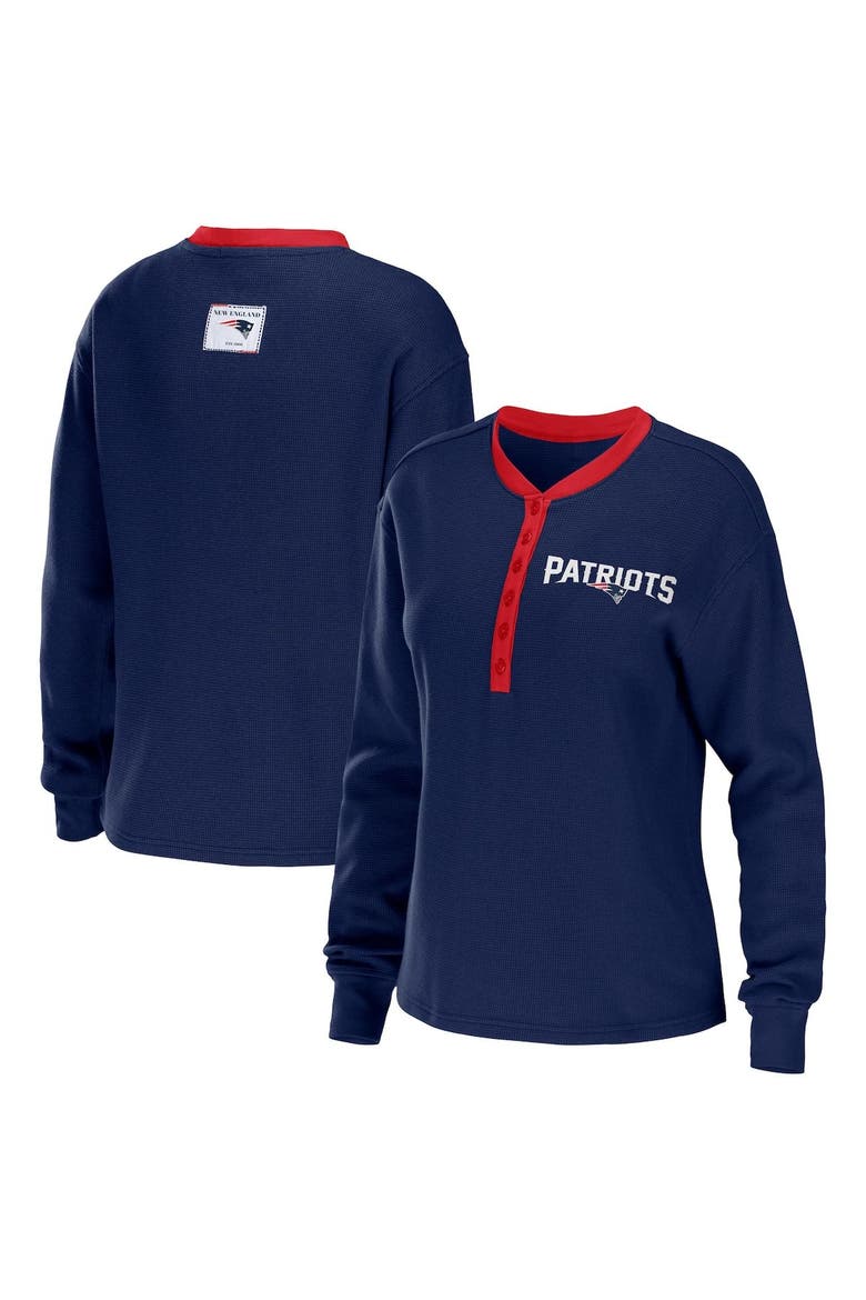 Women's WEAR by Erin Andrews Navy New England Patriots Waffle Henley Long Sleeve T-Shirt, Main, color, Navy