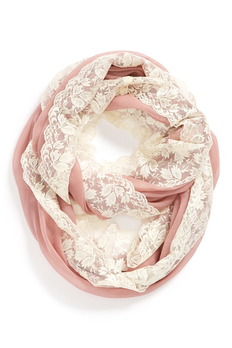 Lace Trim Infinity Scarf, Main, color, MAUVE IVORY