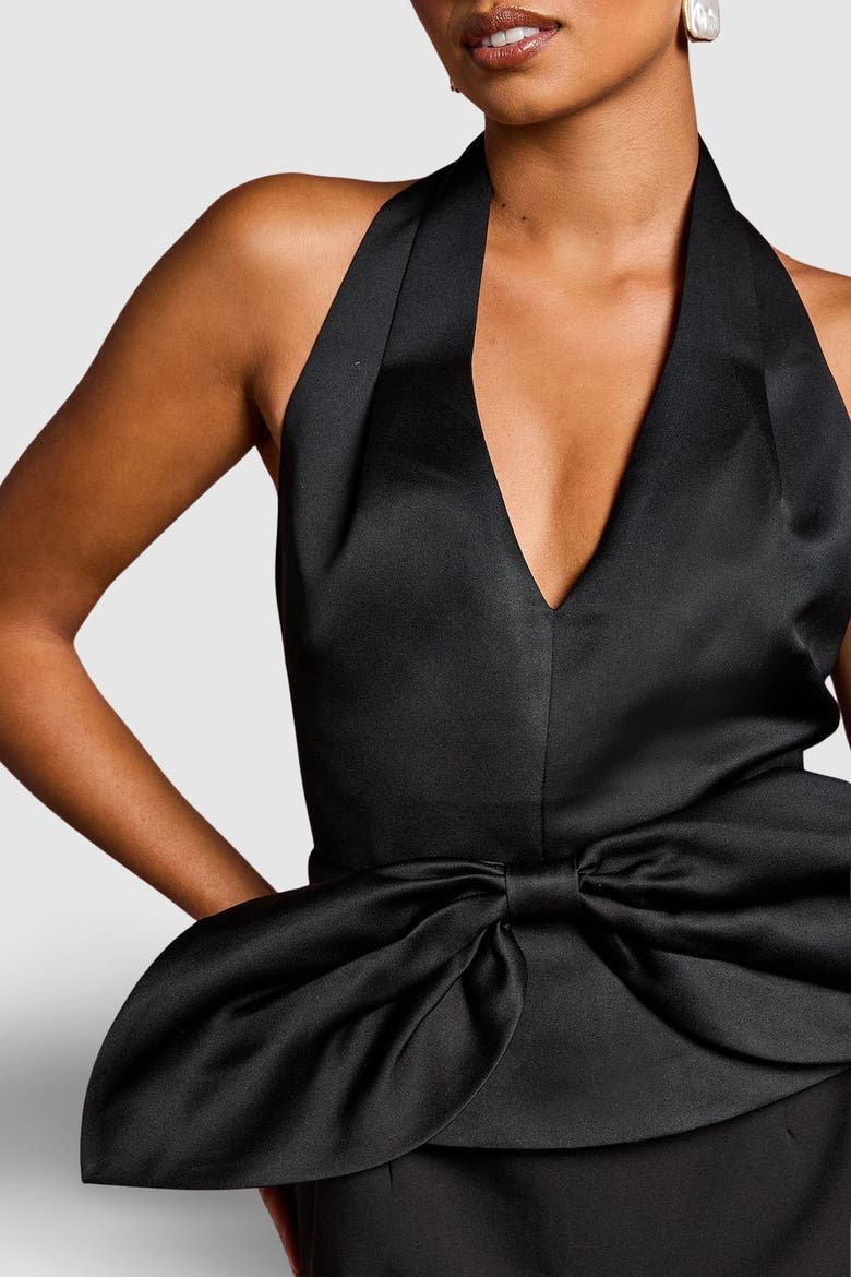Petite Halter Satin Column Midi Dress, Alternate, color, Black