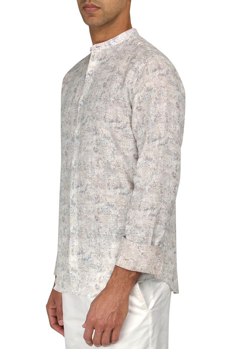 Abstract Leaves Mandarin Collar Linen Blend Shirt, Alternate, color, BEIGE