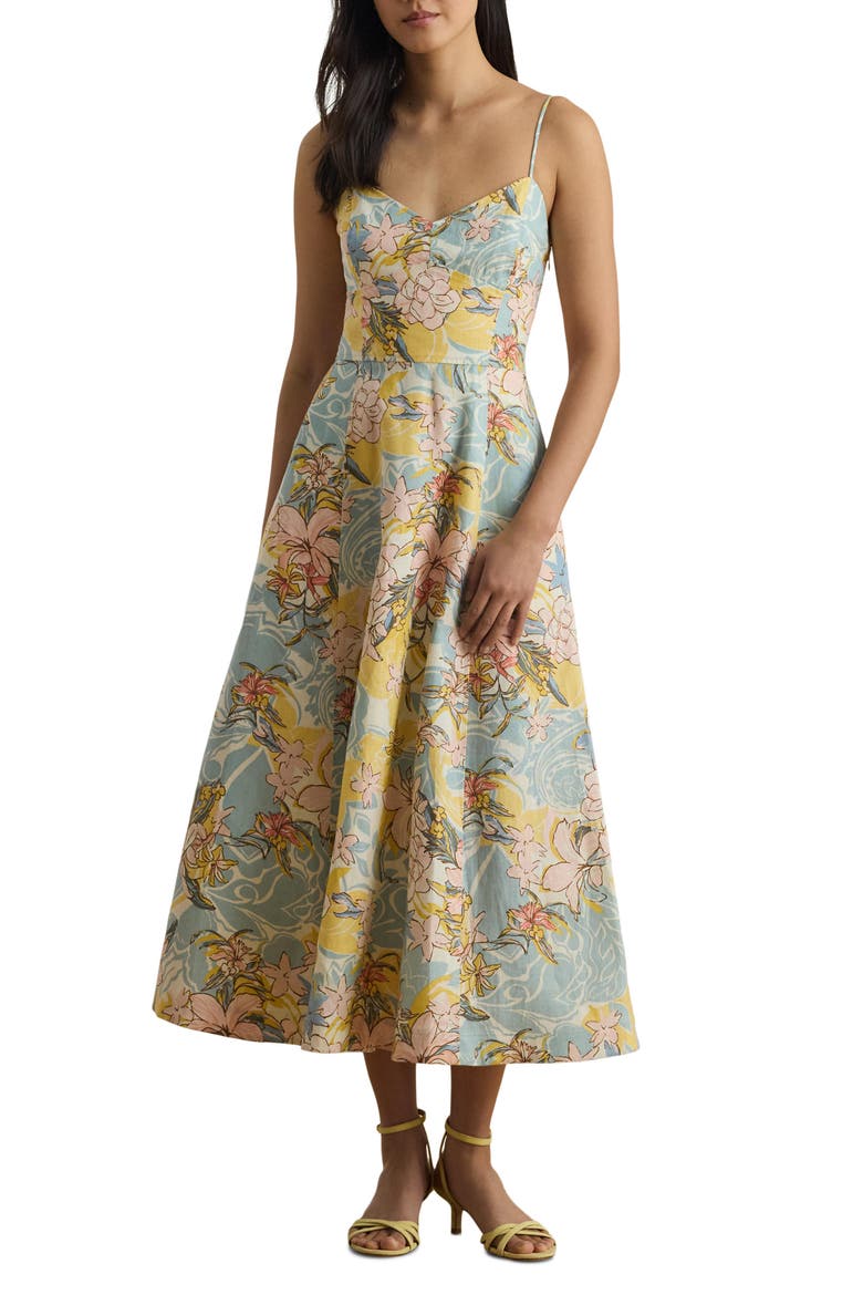 Floral Linen Dress, Main, color, CREAM/ BLUE MULTI