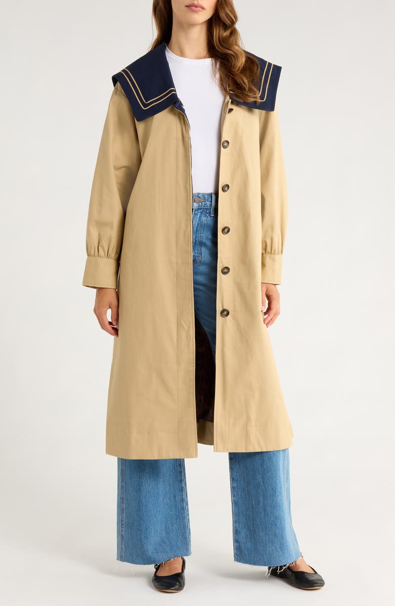 Damson Madder Ella Organic Cotton Trench Coat, Alternate, color, Navy/ Tan