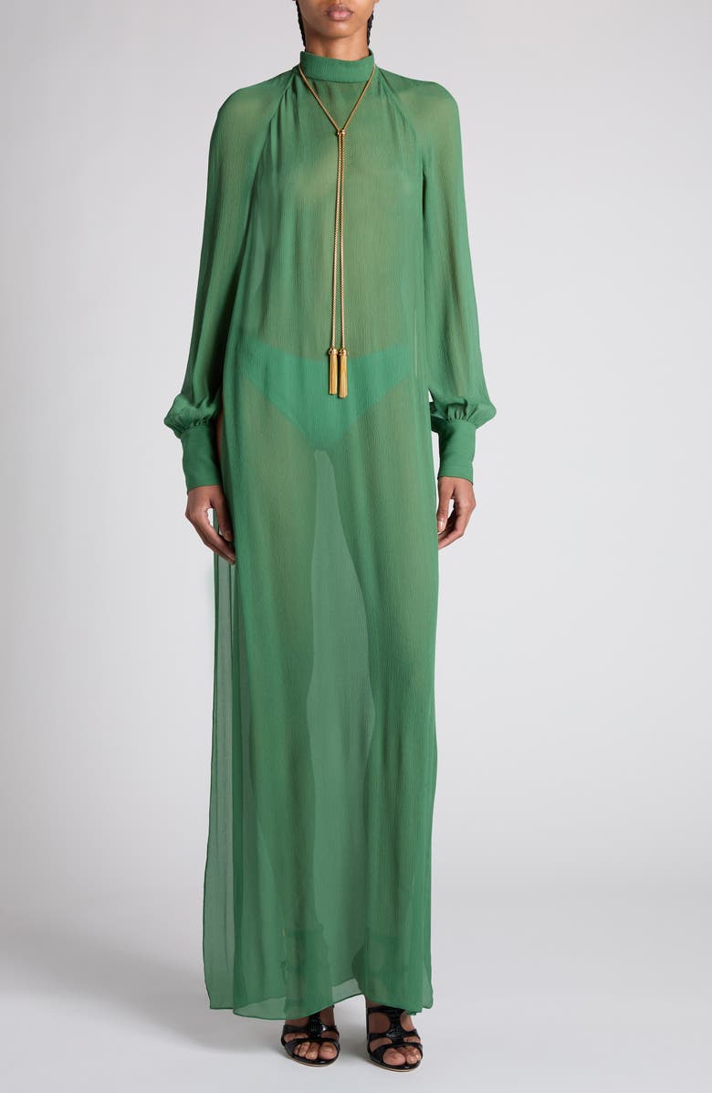 TOM FORD Long Sleeve Silk Crepon Caftan Dress, Main, color, Fg327 Grass Green