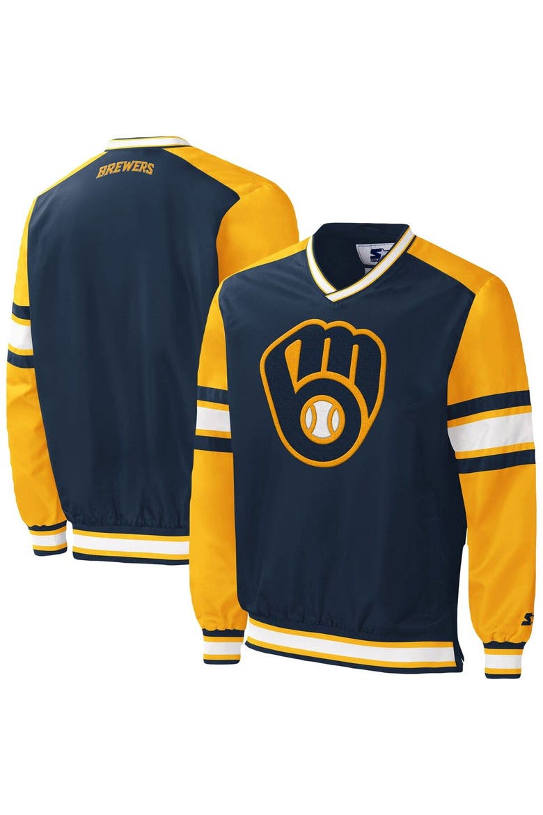 Men's Starter Navy Milwaukee Brewers Yardline V-Neck Pullover Windbreaker, Main, color, Navy