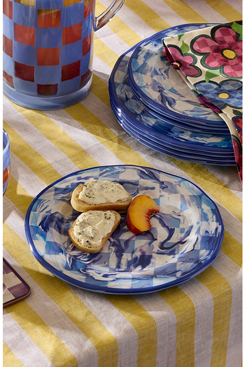 Set of 4 Blue Marble Check Melamine Salad Plates, Alternate, color, BLUE