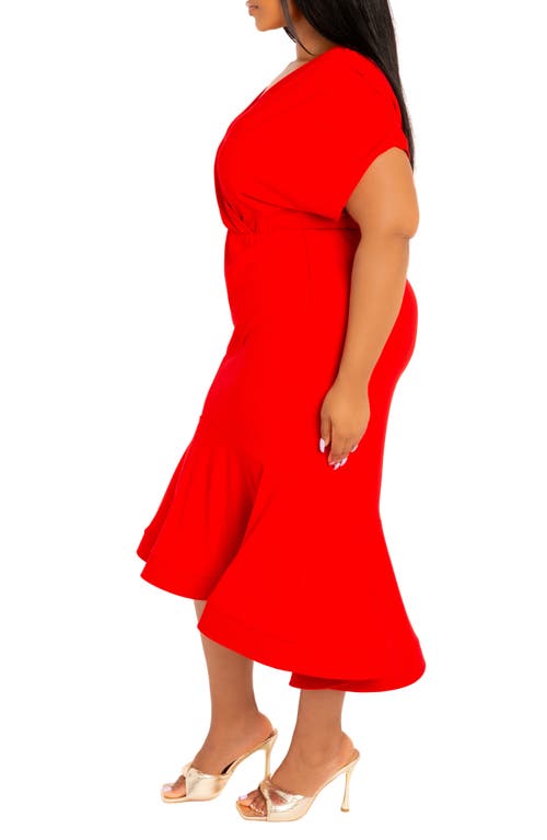Buxom Couture Wrap Front Flounce Hem High-low Mermaid Midi Dress In Red