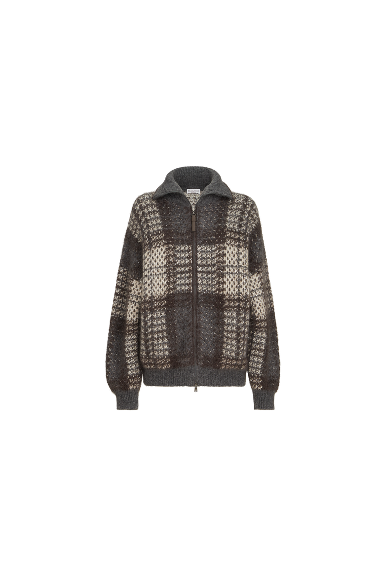 Dazzling tartan double knit outerwear jacket in mohair, virgin wool and cashmere with shiny zipper pull, Alternate, color, Anthracite