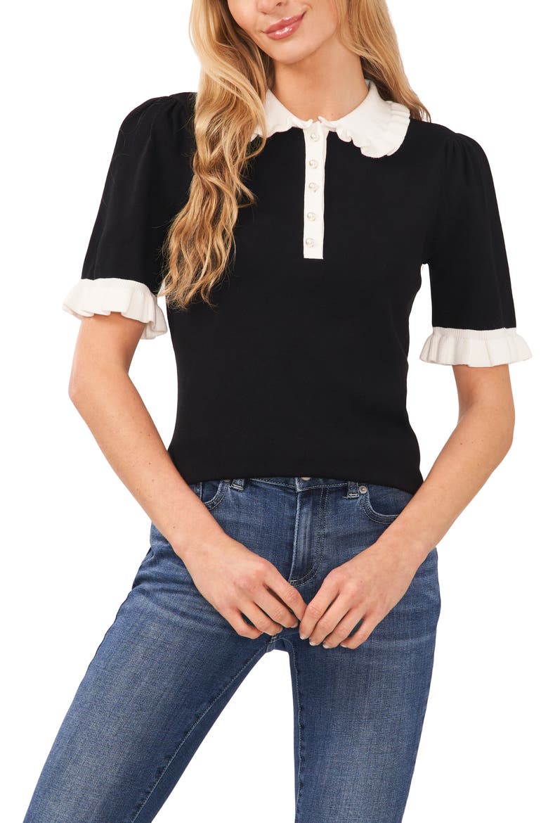 Contrast Trim Short Sleeve Polo Sweater, Main, color, RICH BLACK