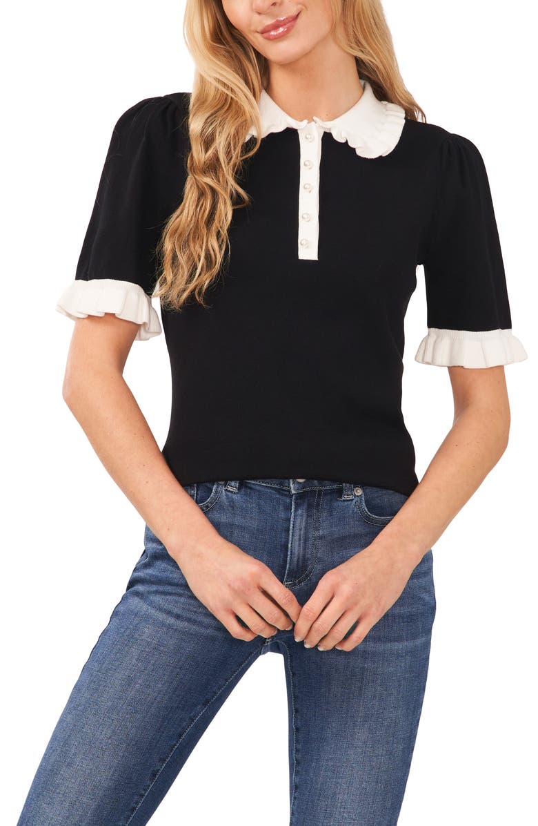 CeCe Contrast Trim Short Sleeve Polo Sweater, Main, color, Rich Black