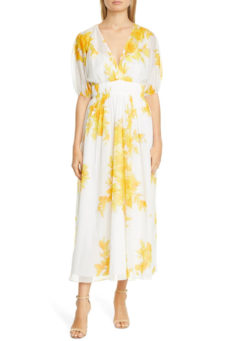Floral Print Empire Waist Cotton Maxi Dress, Main, color, MARIGOLD