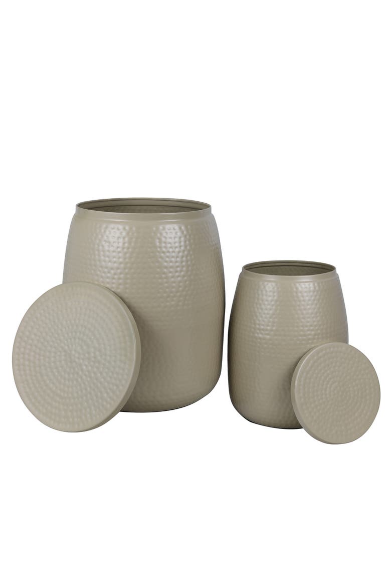 Merida Modern Rustic 2-Piece Hammered Metal Drum Storage Side Tables with Lids, Alternate, color, Almond