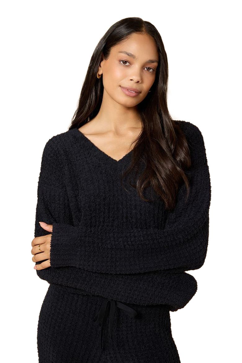 Waffle Marshmallow V-Neck Lounge Set, Alternate, color, Black