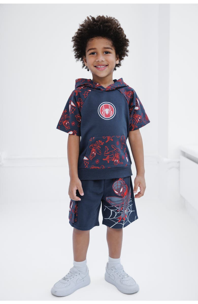 Marvel Spider-Man Short Sleeve Hoodie & Shorts Set, Alternate, color, Miles Morales Gray