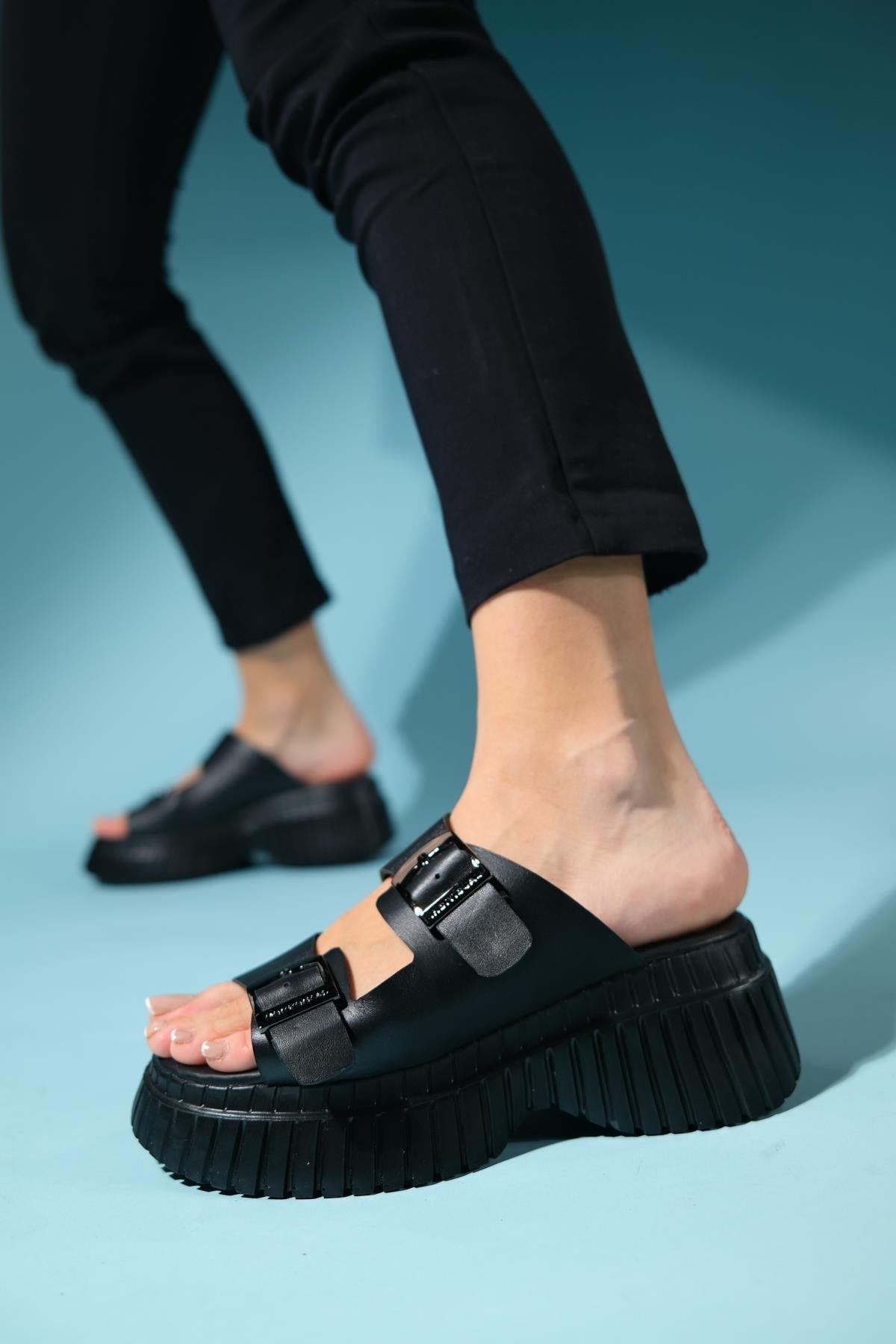 Forever & Always Shoes Joanes Leather Two-Strap Platform Sandal, Alternate, color, Black Leather