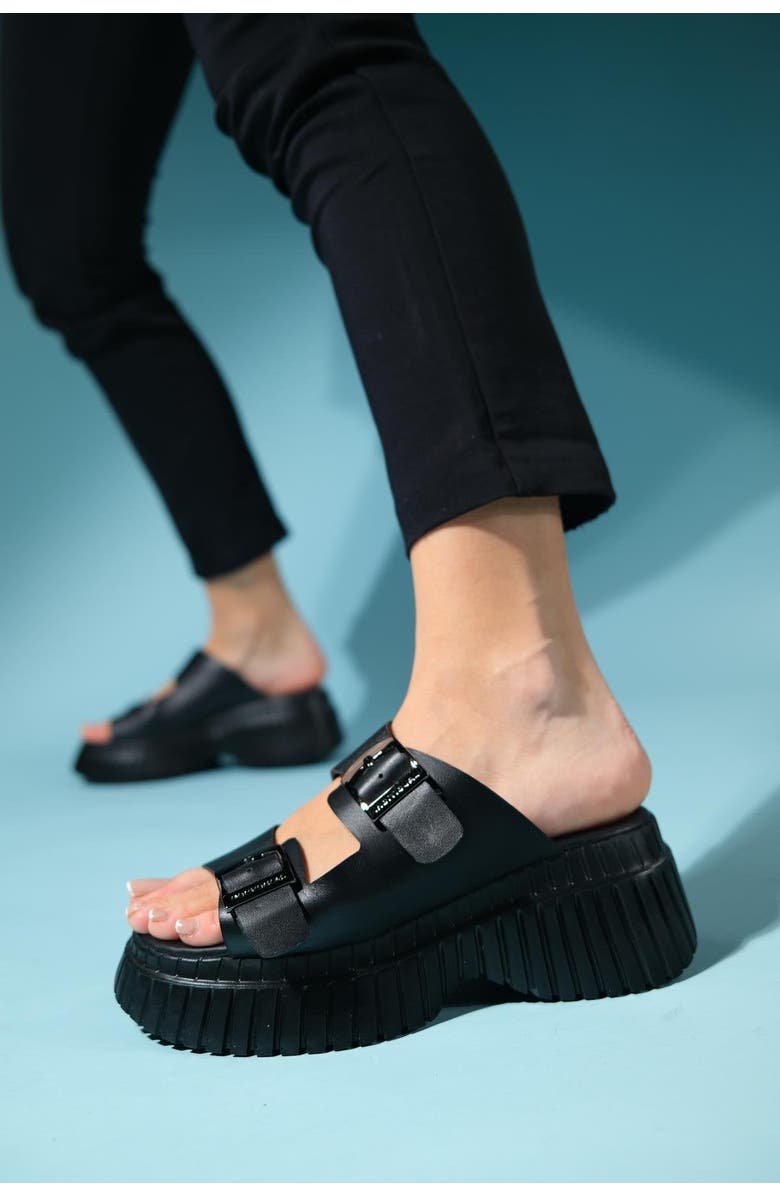 Forever & Always Shoes Joanes Leather Two-Strap Platform Sandal, Alternate, color, Black Leather