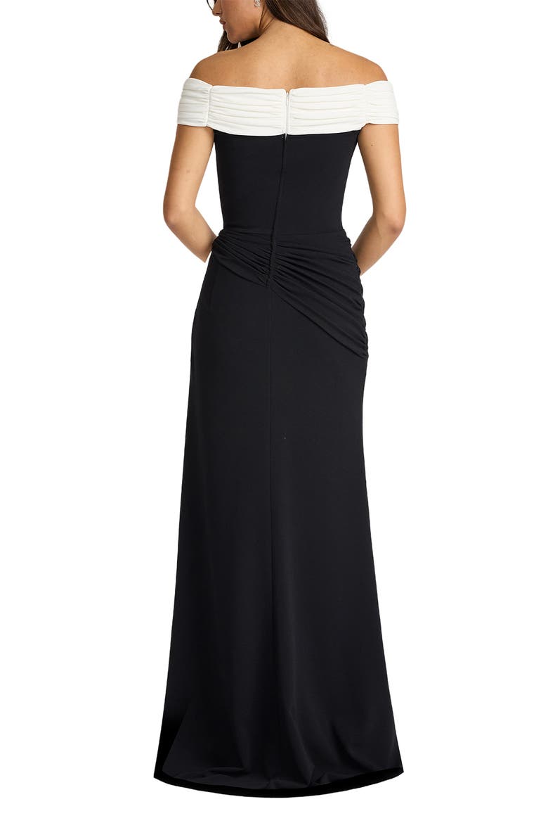 Off the Shoulder Draped Crepe Gown, Alternate, color, BLACK/ IVORY