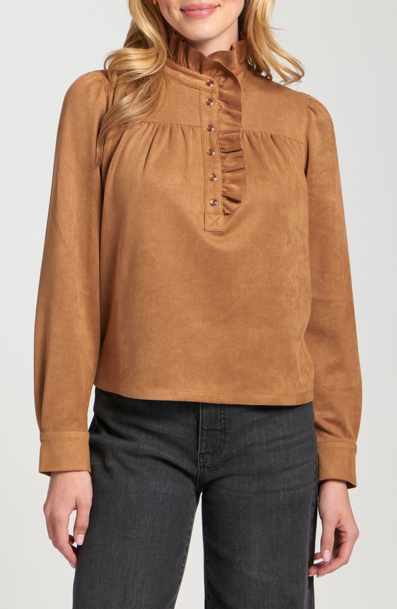 APNY Ruffle Snap Front Faux Suede Top, Main, color, Caramel