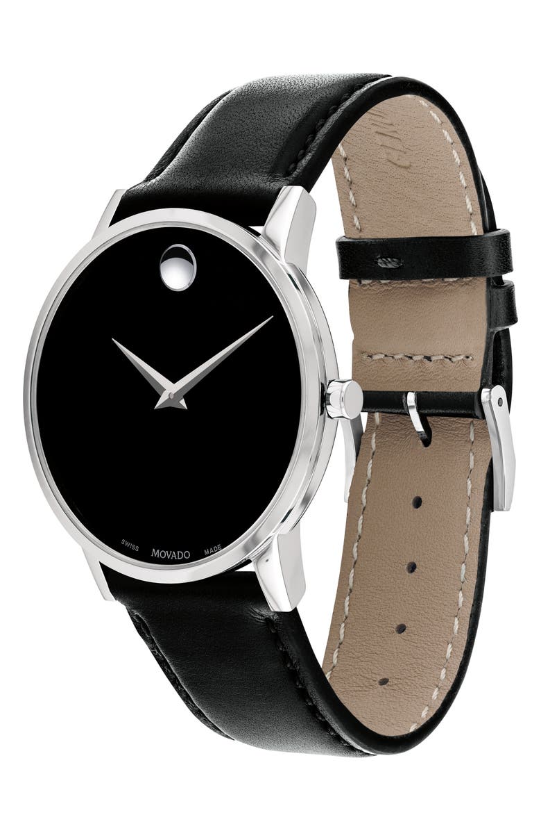 Movado Leather Strap Watch, 40mm, Alternate, color, Black Dial