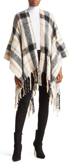 Vince Camuto Posh Plaid Belted Fringe Trim Ruana | Nordstromrack