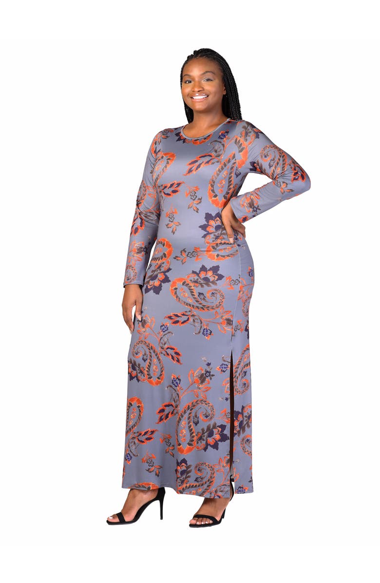 24seven Comfort Apparel Long Sleeve Side Slit Fitted Maxi Dress, Alternate, color, Grey Multi