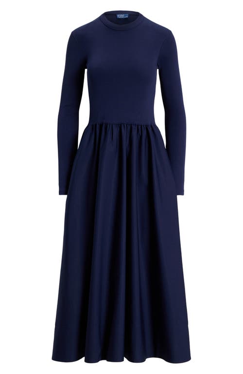 Polo Ralph Lauren Mixed Media Long Sleeve Cotton Dress In Blue