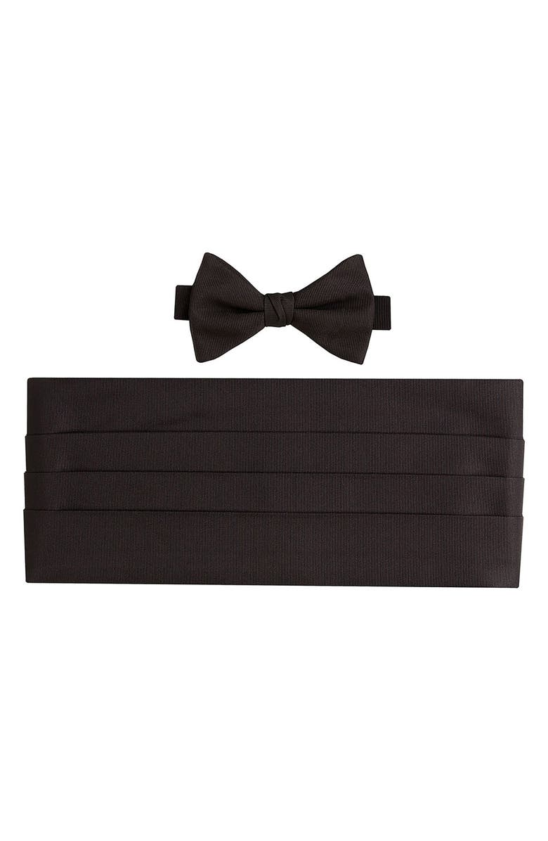 David Donahue Black Silk Adjustable Cummerbund & Bow Tie Set, Main, color,