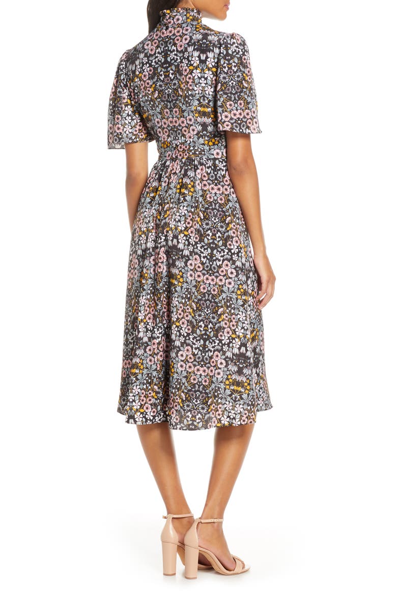 Ruffle Neck Flutter Sleeve A-Line Dress, Alternate, color, BLACK/MULT