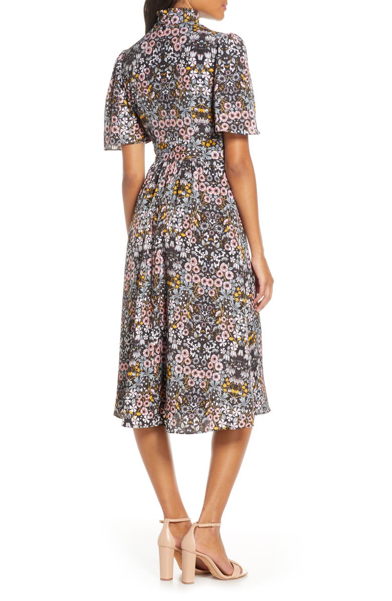 Julia Jordan Ruffle Neck Flutter Sleeve A-Line Dress, Alternate, color, Black Multi