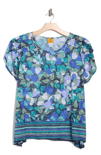 Ruby Rd. Petite Floral Striped Border Flutter Sleeve Top In Blue
