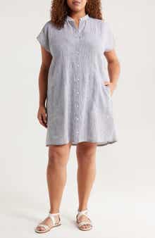 Eileen Fisher Band Collar Stripe Organic Linen Shirtdress