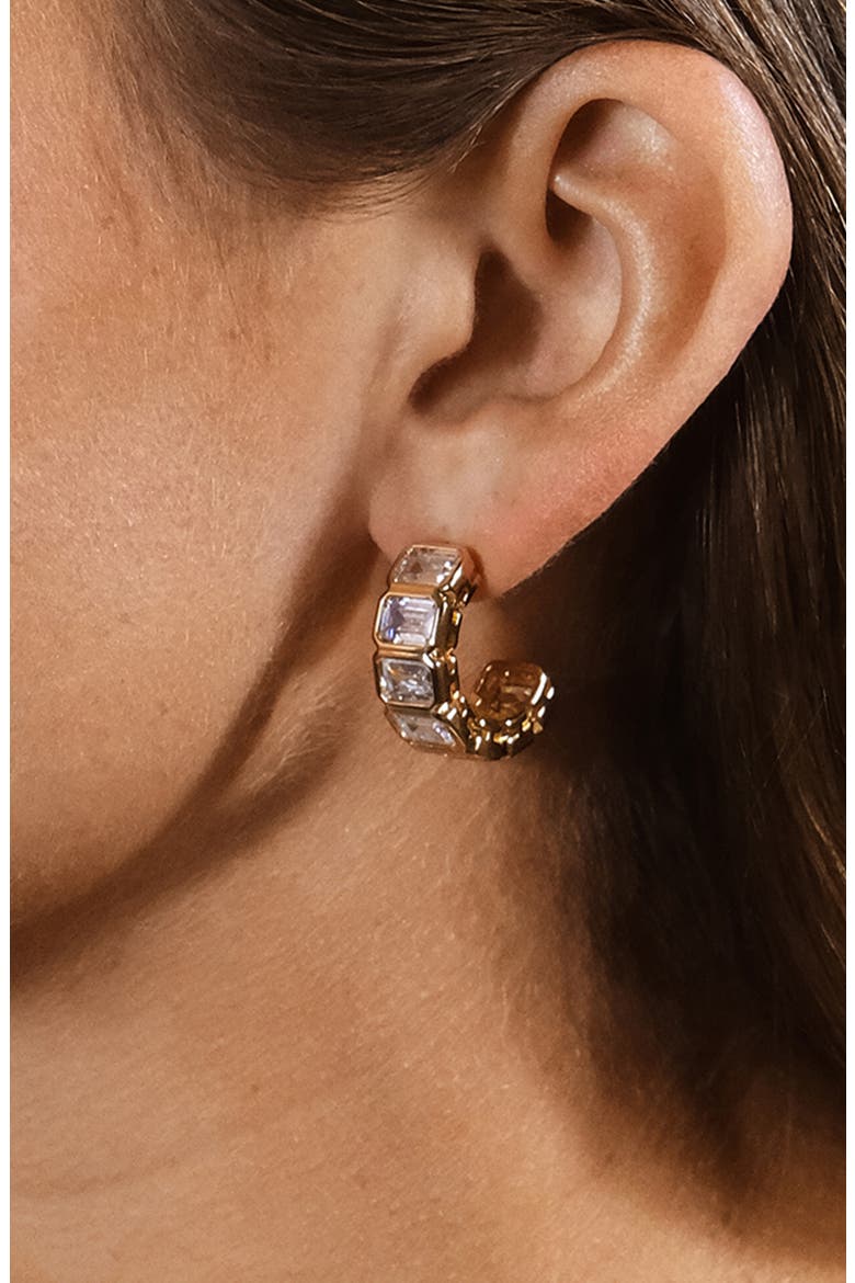 Nyssa Baguette Cubic Zirconia Hoop Earrings, Alternate, color, GOLD/ EMBER