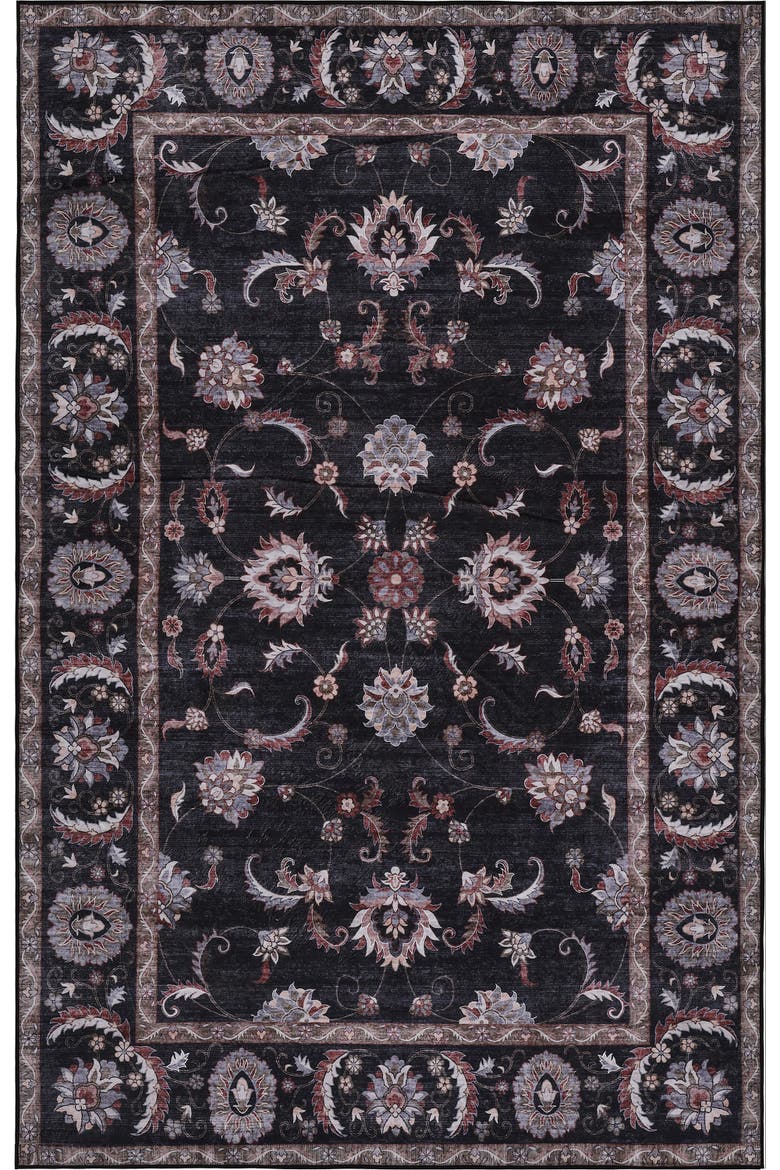 Arabella Vintage Floral Border Non-Slip Machine-Washable Dark Gray/Multi 4 ft. x 6 ft. Area Rug, Alternate, color, Dark Gray/Multi