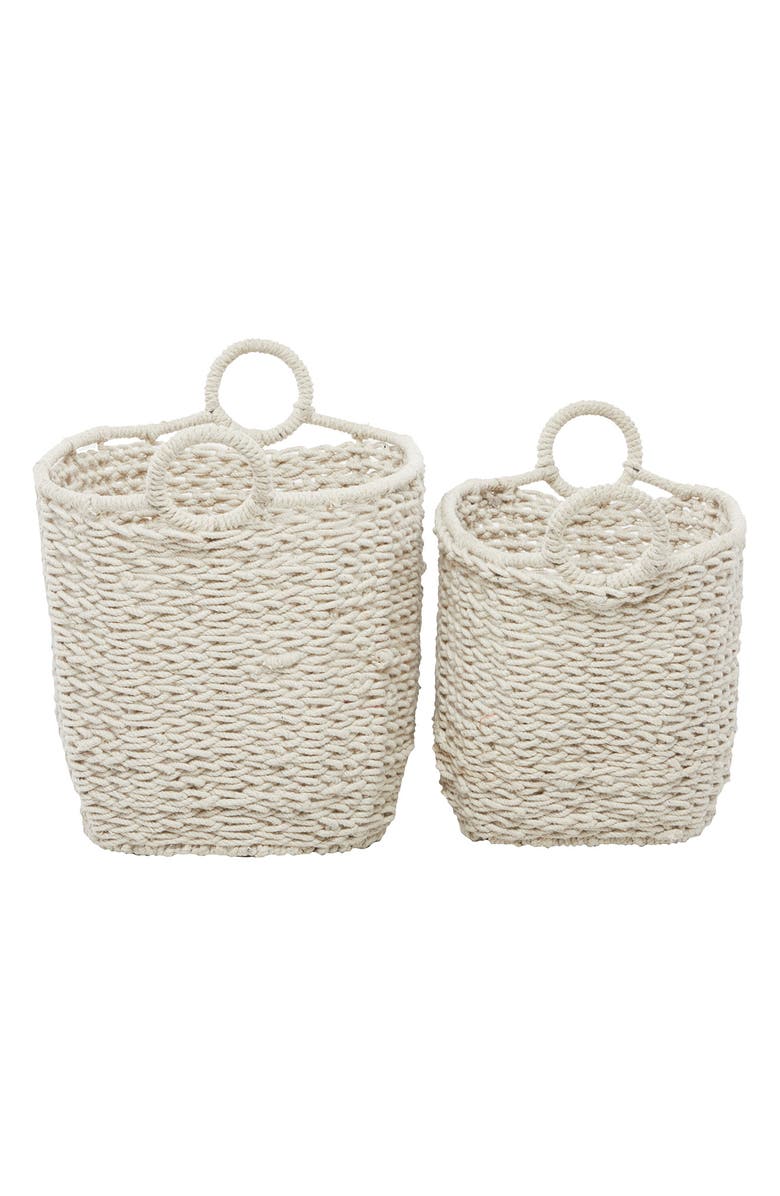 GINGER BIRCH STUDIO White Cotton Bohemian Storage Basket with Handles - Set of 2, Alternate, color, White