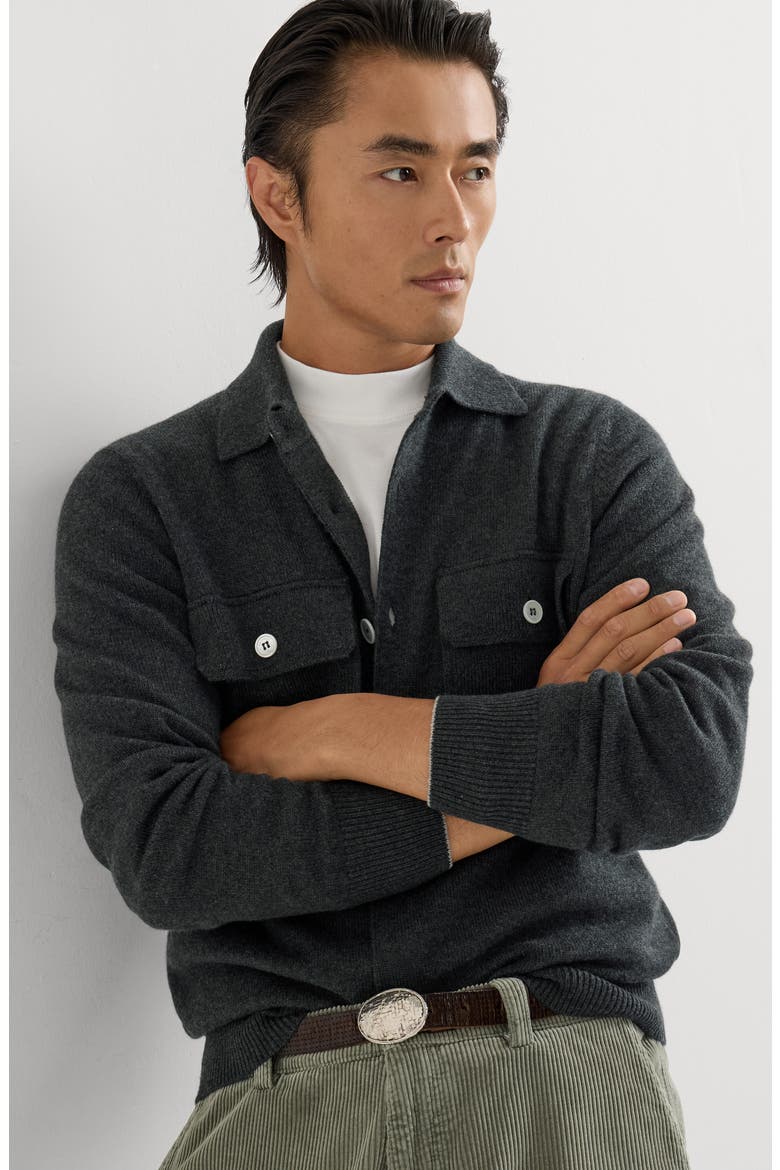 Cashmere shirt-style cardigan with chest pockets, Alternate, color, Stone Grey