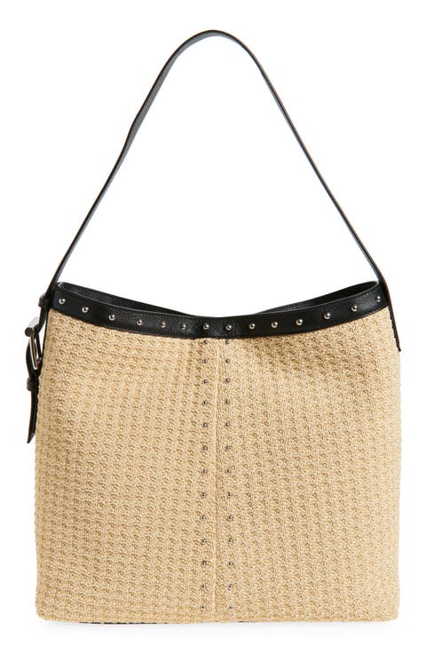 T-Bar Sling Studded Raffia & Leather Shoulder Bag