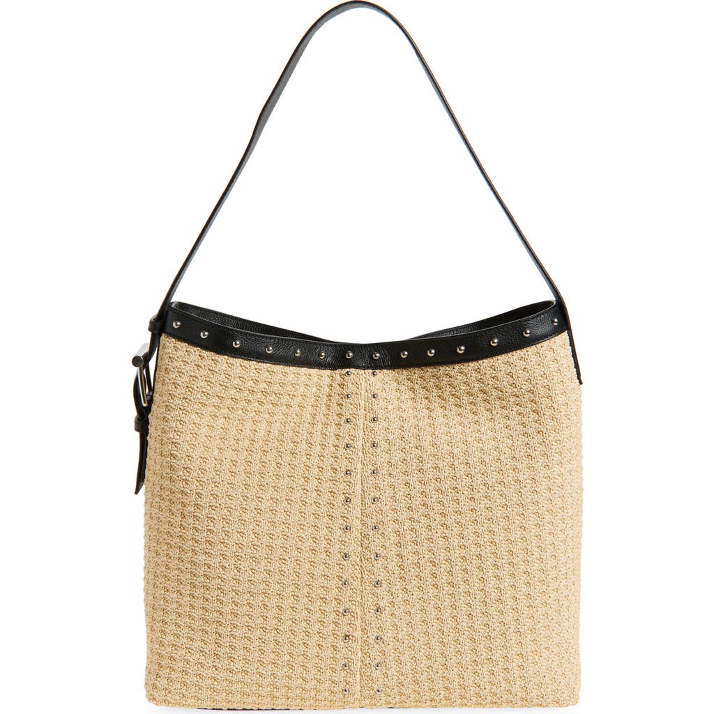 ALEXANDER MCQUEEN MCQUEEN T-BAR SLING STUDDED RAFFIA & LEATHER SHOULDER BAG