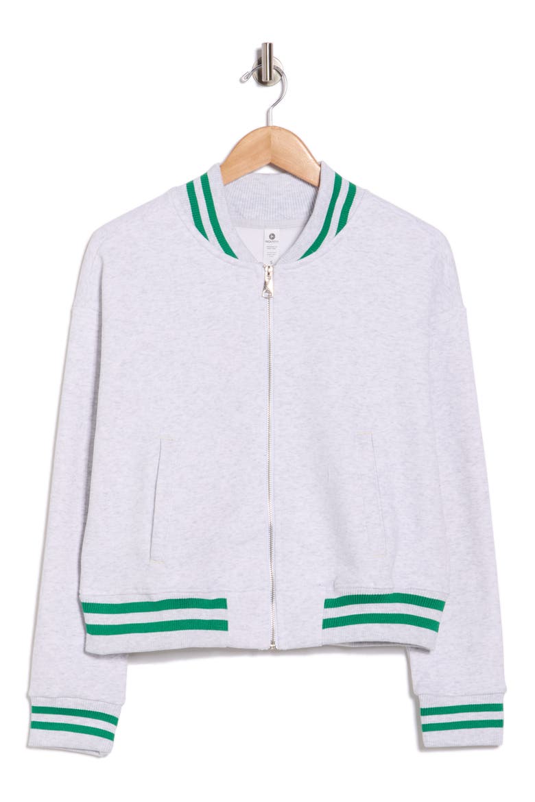 Silicone Varsity Stripe Fleece Zip Jacket, Alternate, color, HEATHER LIGHT GREY/ GREEN