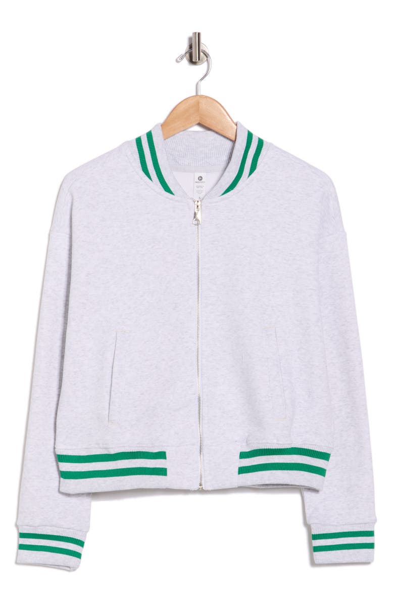 90 DEGREE BY REFLEX Silicone Varsity Stripe Fleece Zip Jacket, Main, color, Heather Light Grey/ Green