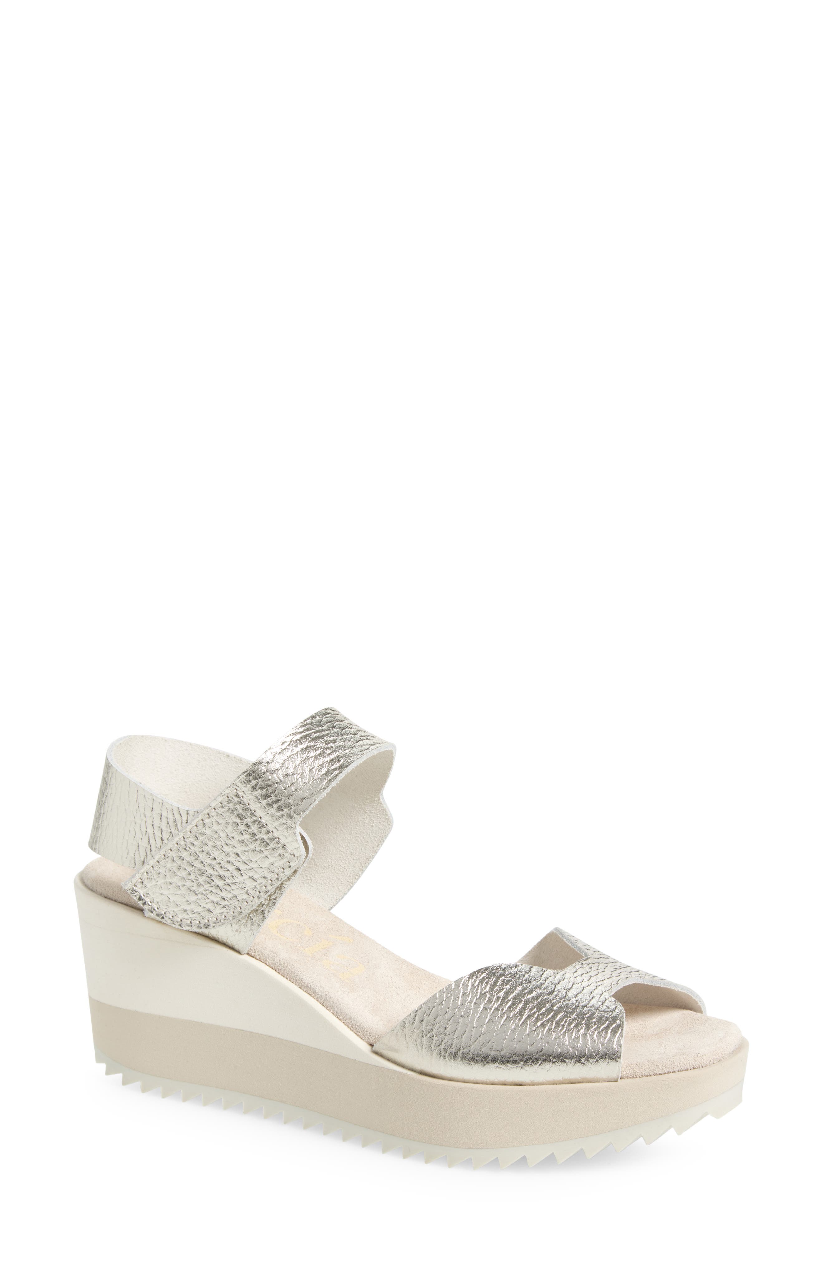 Fama Ankle Strap Wedge Sandal, Main, color, STERLING CERVO LAME